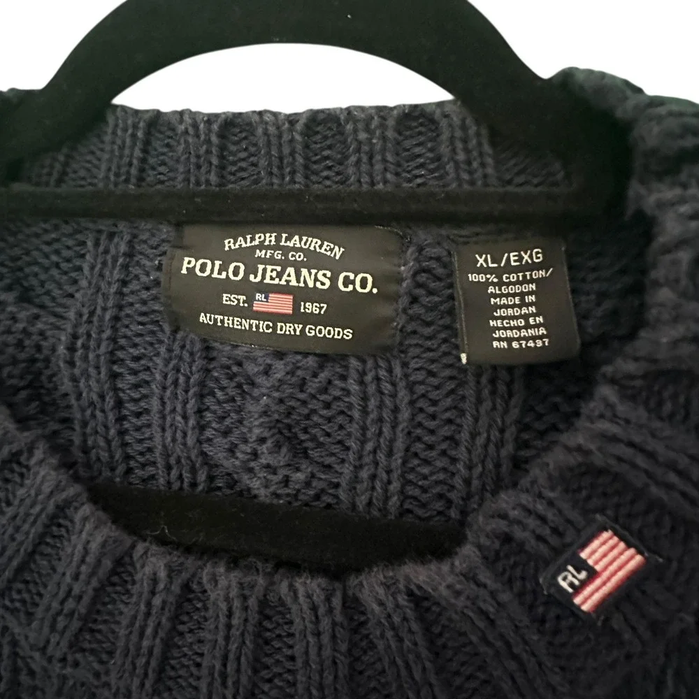 Polo Jeans Co Ralph Lauren Cable Knit Sweater Mens XL Navy Yellow Stripe Vintage